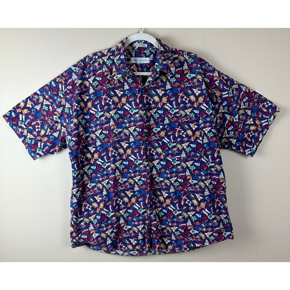 Henry Grethel Mens Flag Print ButtonUp Shirt L Nautical Novelty Fisherman Resort